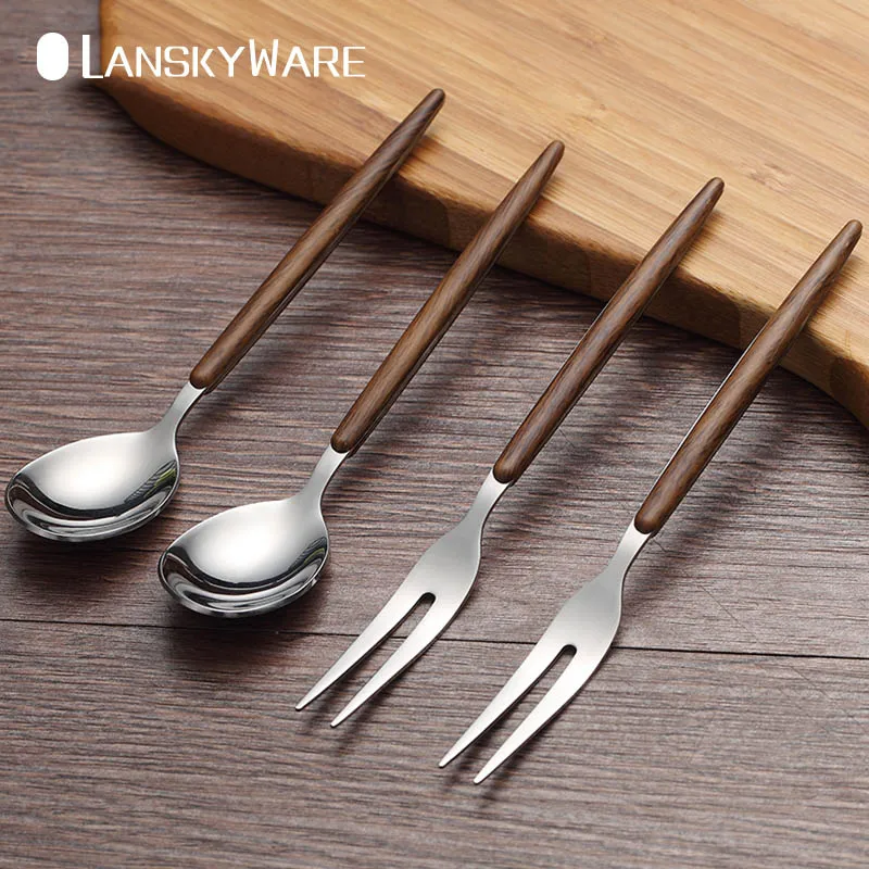 

LANSKYWARE 2 Pcs/Set Fruit Fork 304 Stainless Steel Salad Dessert Fork Set Dessert Spoon Bento Food Picks Kichen Accessories