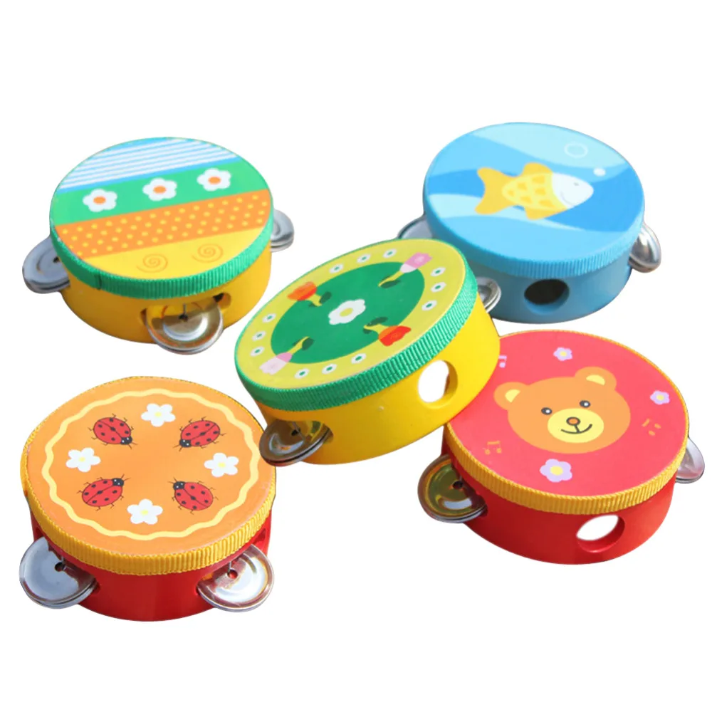 Cartoon Wooden Baby Hand Drum Toys Musical Bell Drum Kids Early Educational Grasping Toy Beat Instrument Handbell Baby Good Gift