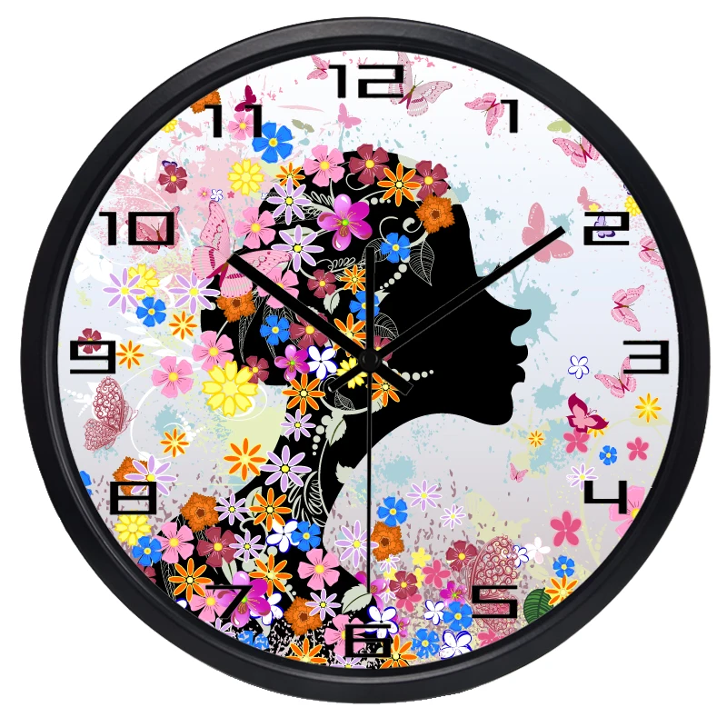 Pretty Women Lady fo Girl Room Wall Clock Beauty Salon Stop Bedroom Make up Room Wall Clock Butterfly Flowers