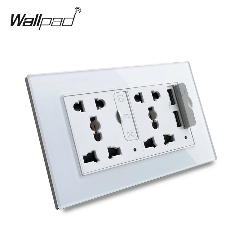 Double Universal Socket with 4 USB Wallpad Luxury Crystal Glass Panel 110V-250V 146*86mm Socket with 3.1A Four USB Ports