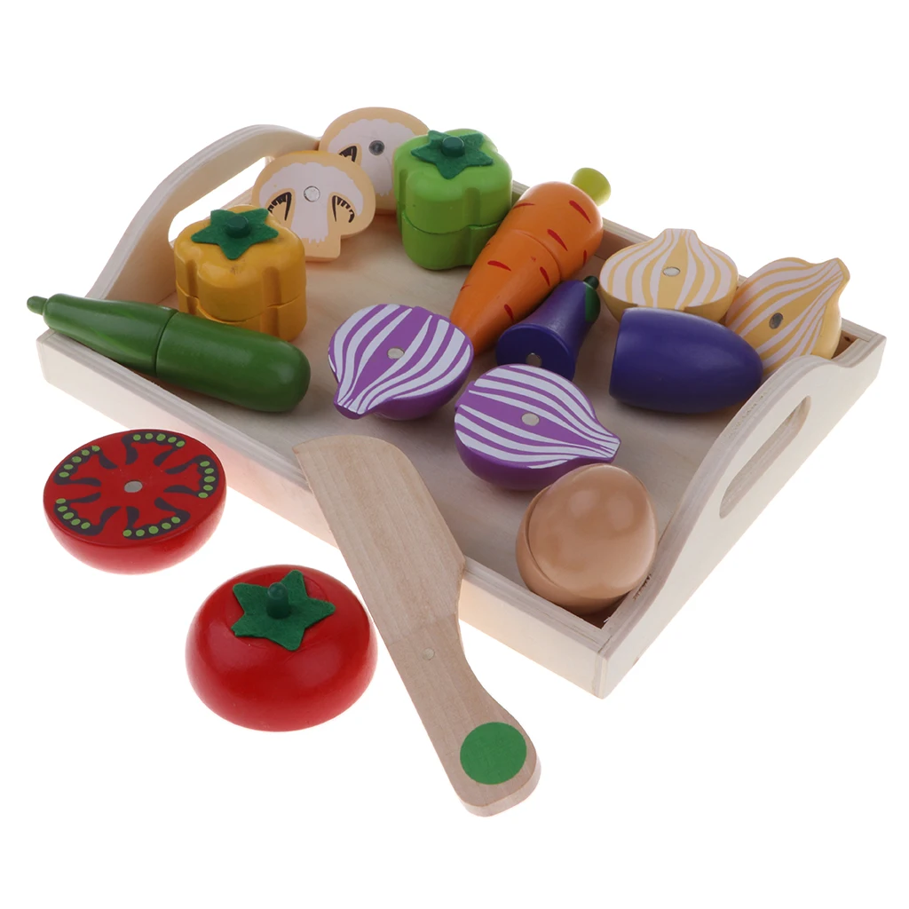 12Pcs Wooden Magnetic Cutting Toy, Pretend Play Food Set with Tray Kids Early Educational Toy Christmas Gift