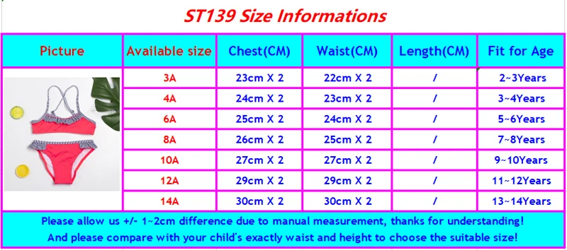 ST139 girls swimwear-size chart