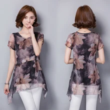Women Summer Style Casual 2017 Lace Chiffon Blouse Blusas Top Shirt Floral patchwork loose Short sleeves Plus Size M~5XL D0442