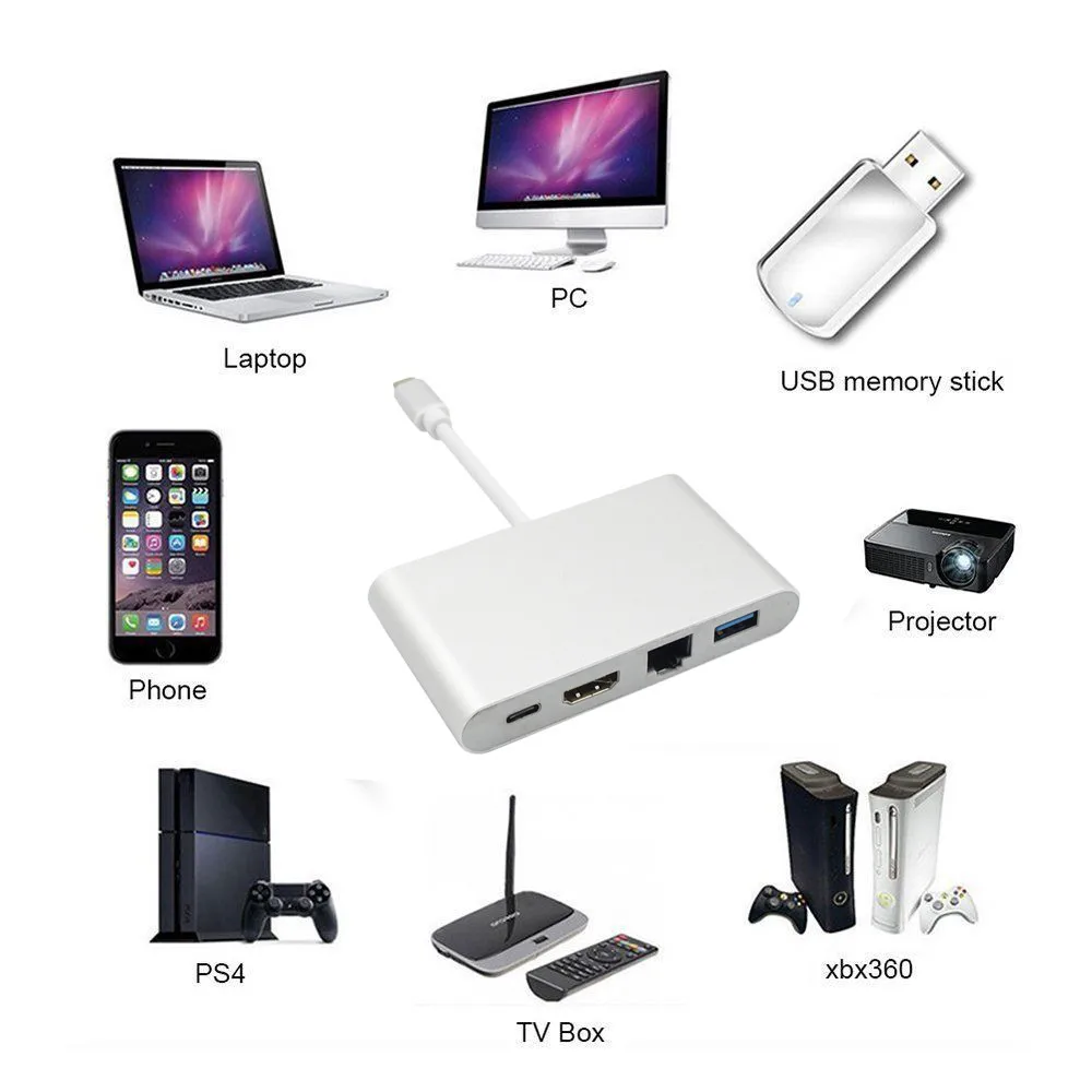 Mini Display Port DP DVI VGA HDMI адаптер кабель 1 * USB C к 4K + гигабитный Ethernet RJ45 порт 3 0 Type