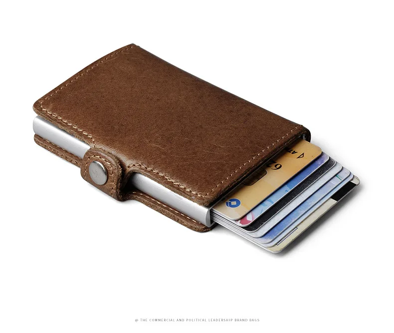 Genuine Leather Men Aluminum Wallet Back Pocket ID Card holder RFID Blocking Mini Magic Wallet Automatic Credit Card Coin Purse