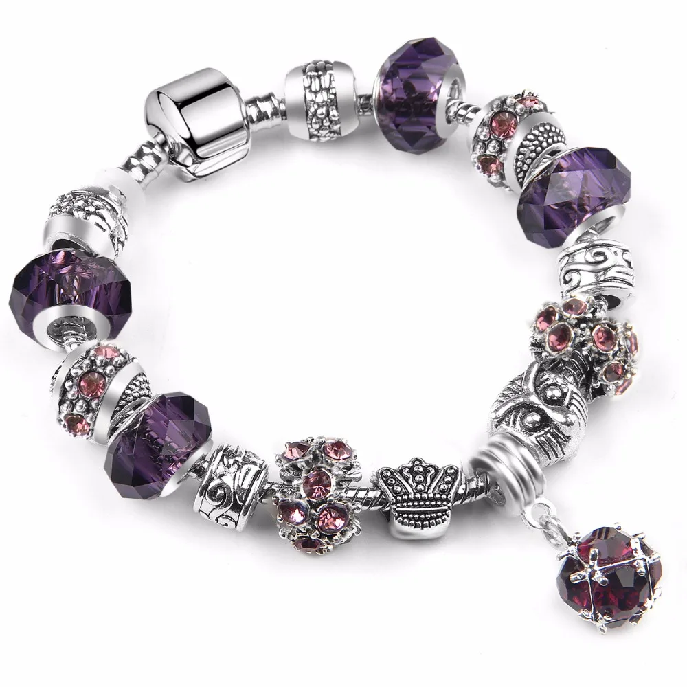 European Style Vintage Silver plated Crystal Charm Bracelet Women fit