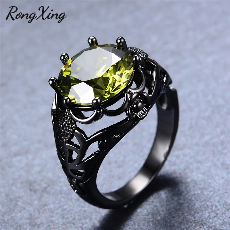 RongXing Fashion August Birthstone Rings For Women Men Wedding Gift Vintage Black Gold Filled Olive Green 