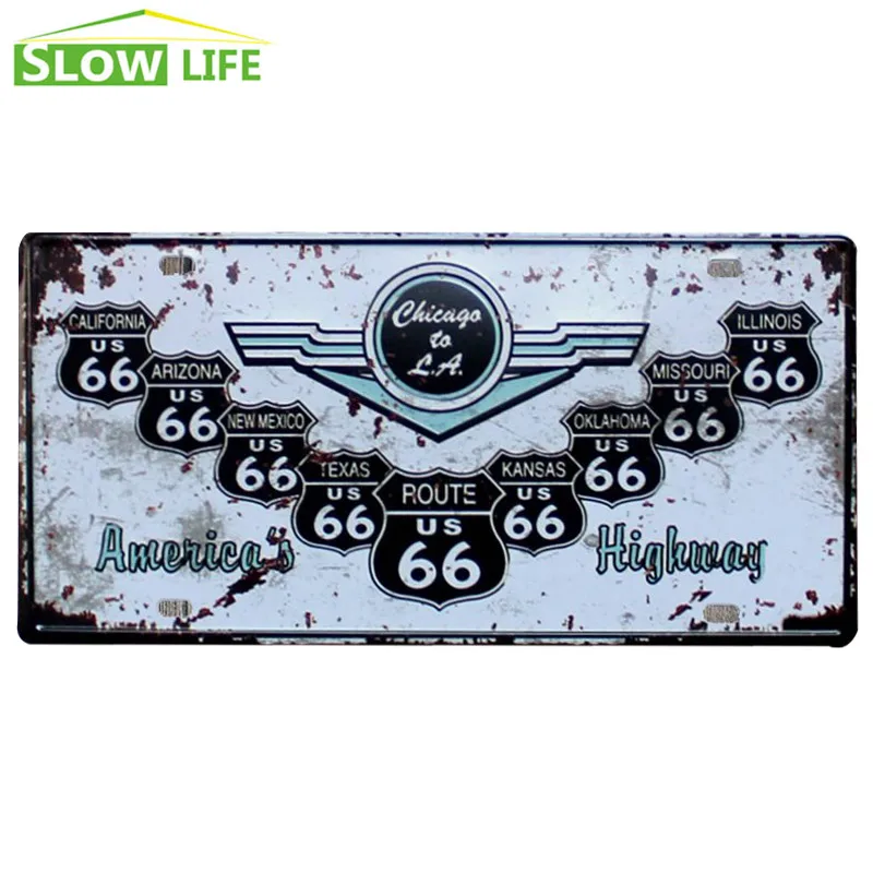 US Route 66 Highway Car License Plate Vintage Home Decor Tin Sign Bar Cafe Garage Decorative Metal Sign Retro Bumpy Metal Plaque