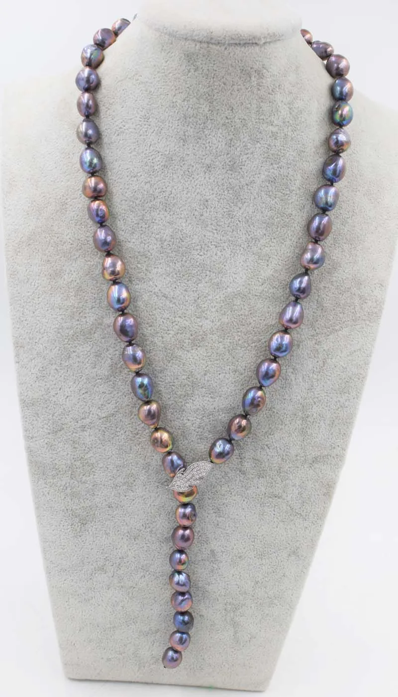 

freshwater pearl black gray baroque 8-9mm +leaf pendnat necklace 26inch FPPJ wholesale beads nature