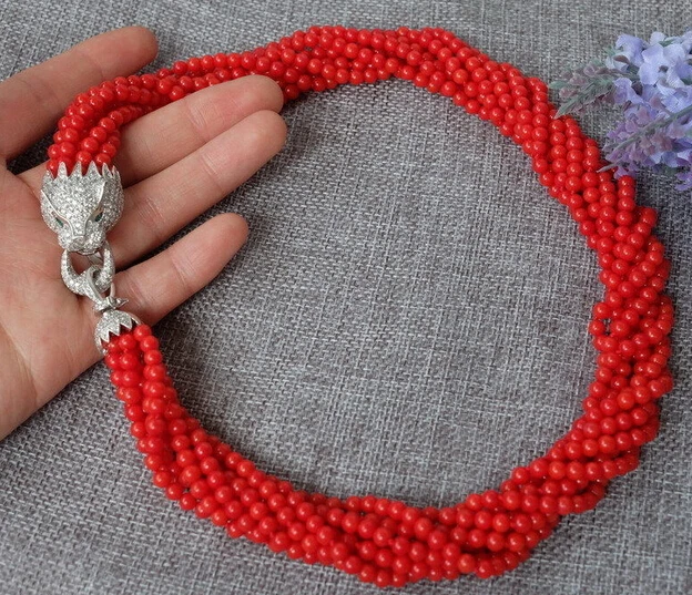 

bjc 0002787 8strds Red Coral Round necklace-zircon clasp