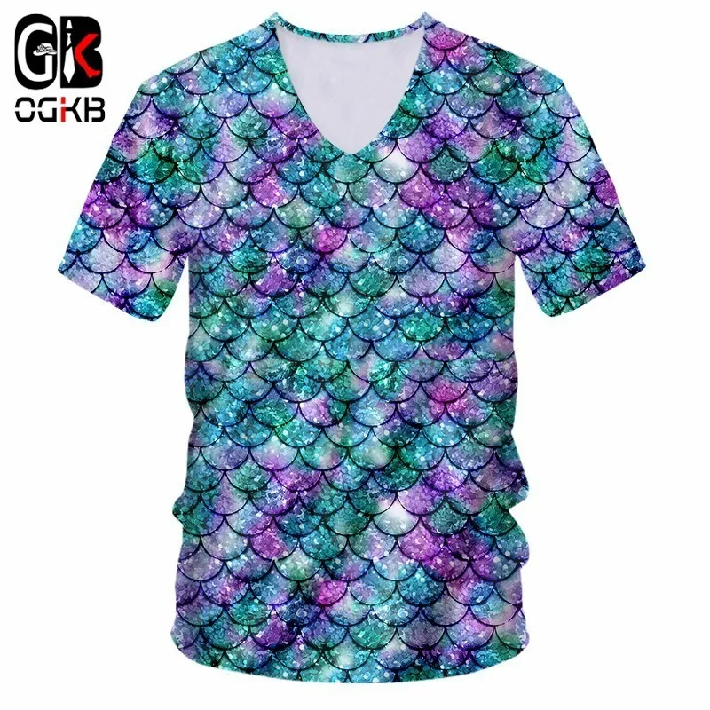 

OGKB Hiphop Streetwear Punk Stly Sexy V Neck Tee Shirt Women/men's Funny Print Fish Scale 3D T-shirt Casual Tshirts New Harajuku