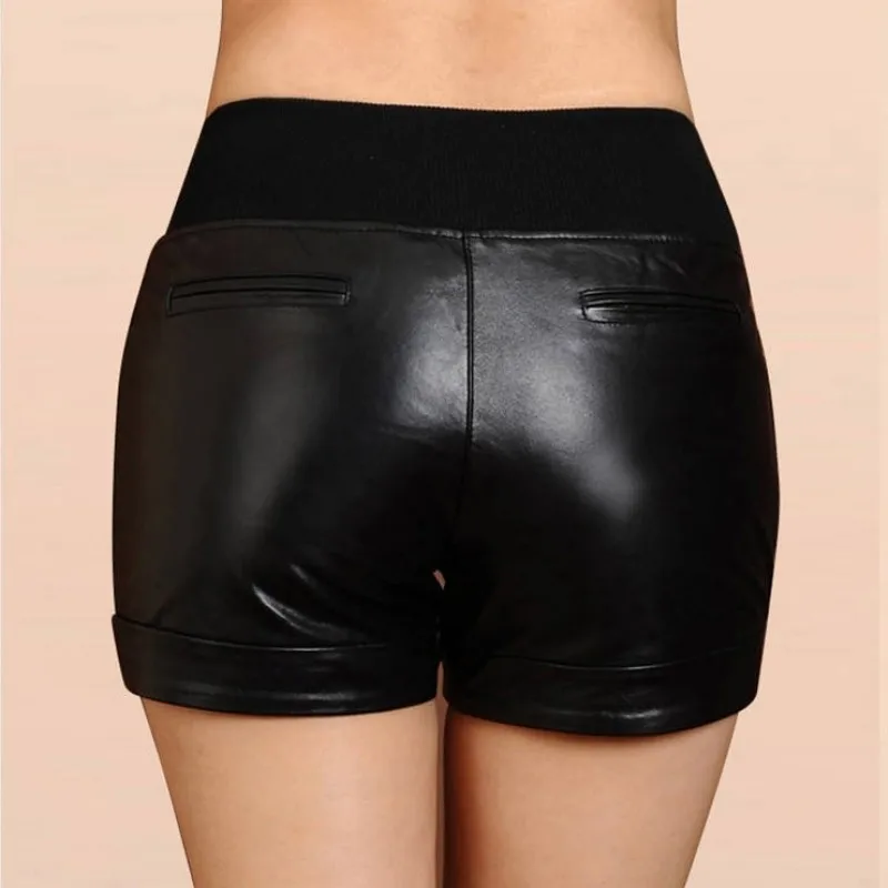 Autumn Winter High Waist Leather Shorts Women Genuine Sheepskin Casual Shorts Sexy Ladies Plus Size Black Real Leather Shorts