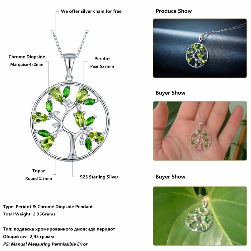 925 Sterling Silver Chain Peridot Tree Pendant Diopside Gemstone Classic Style Fine Jewelry for Women's Birthday Gift