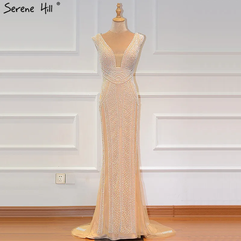 

Dubai Gold Beading Pearls Luxury Prom Dresses 2019 Latest Design V-Neck Sleeveless Sexy Prom Gowns Serene Hill BLA60896