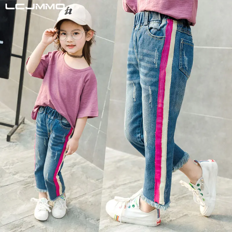 

LCJMMO Fashion Stripe Girls Jeans New 2019 Elastic Waist Pants Skinny Teenager Kids Jeans For Girls Jeans Baby Girl Pants 2-9Y
