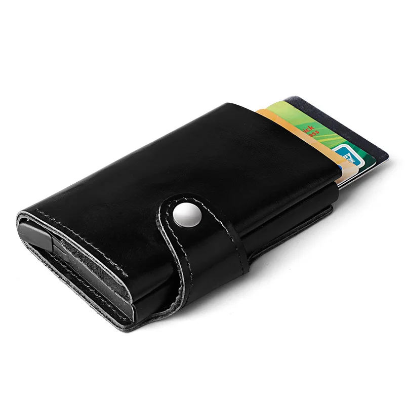 

Rfid Blocking Metal Travel Card Wallet Genuine Leather Automatic Click Slide Card Holder Leather Safe Bank Card Case
