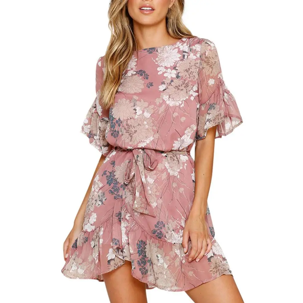 

2019 Women Summer Rose Floral Print Chiffon Mini Dress