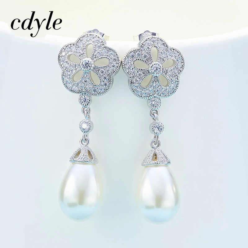 Cdyle Elegant Dangle Earrings Fashion Women Earrings S925 Sterling Silver Jewelry Australian Rhinestone Paved Pearl Earrings pair of elegant spiral tiered rhinestone dangle earrings