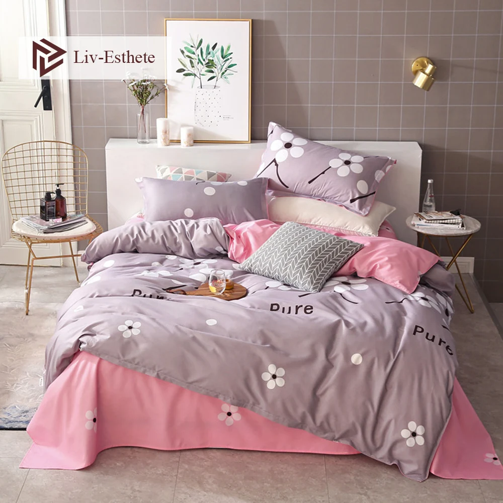 

Liv-Esthete Flower Pure Gray Bedding Set Double Queen King Duvet Cover Pillowcase Soft Flat Sheet Bed Linen Bedspread For Adult