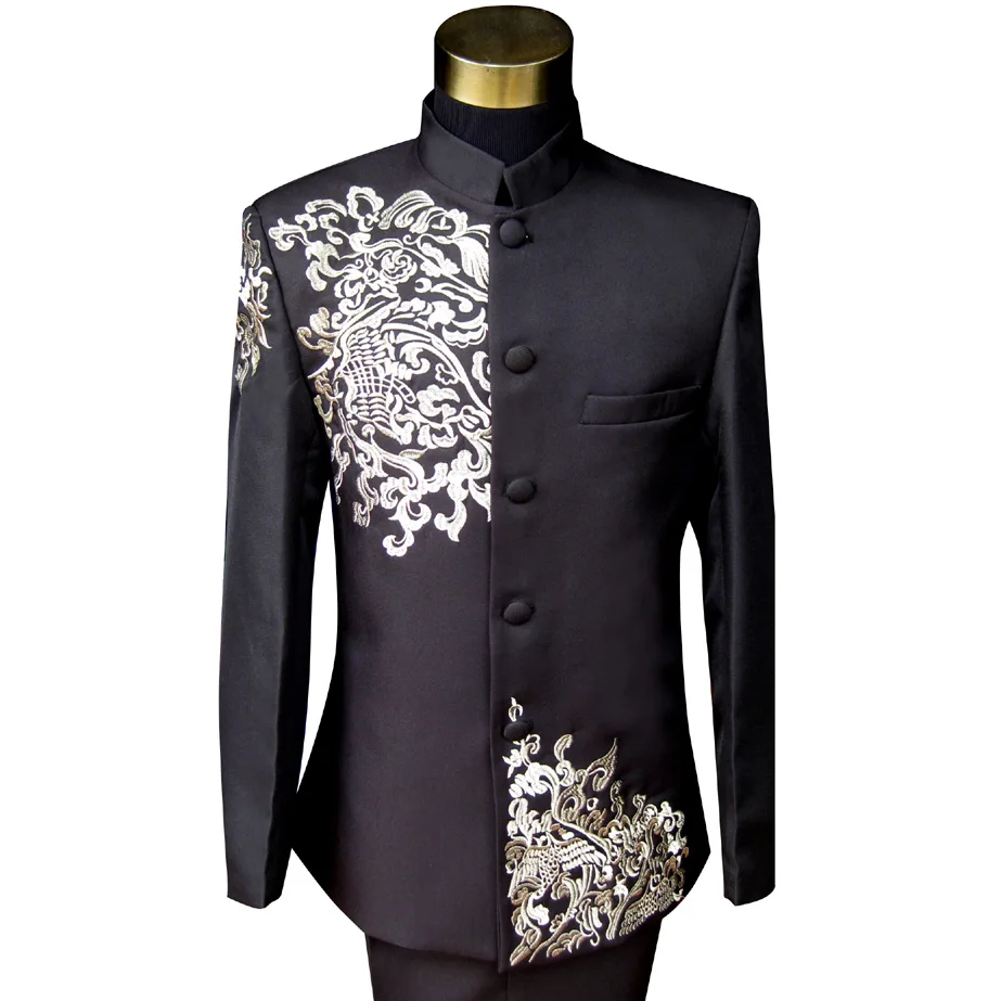 

Plus size Long Sleeve Black Embroidered Suit with pants Medieval Renaissance Chinese tunic Suit & Blazer