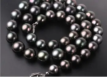 

stunningAAA++ 11-12mm round Tahitian black red pearl necklace 18"silver KKK