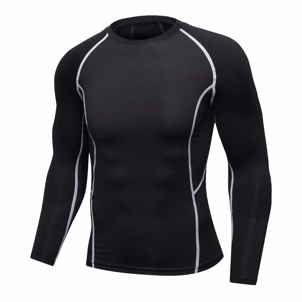 Men Compression Long sleeve Breathable Pure black T Shirts Bodybuilding