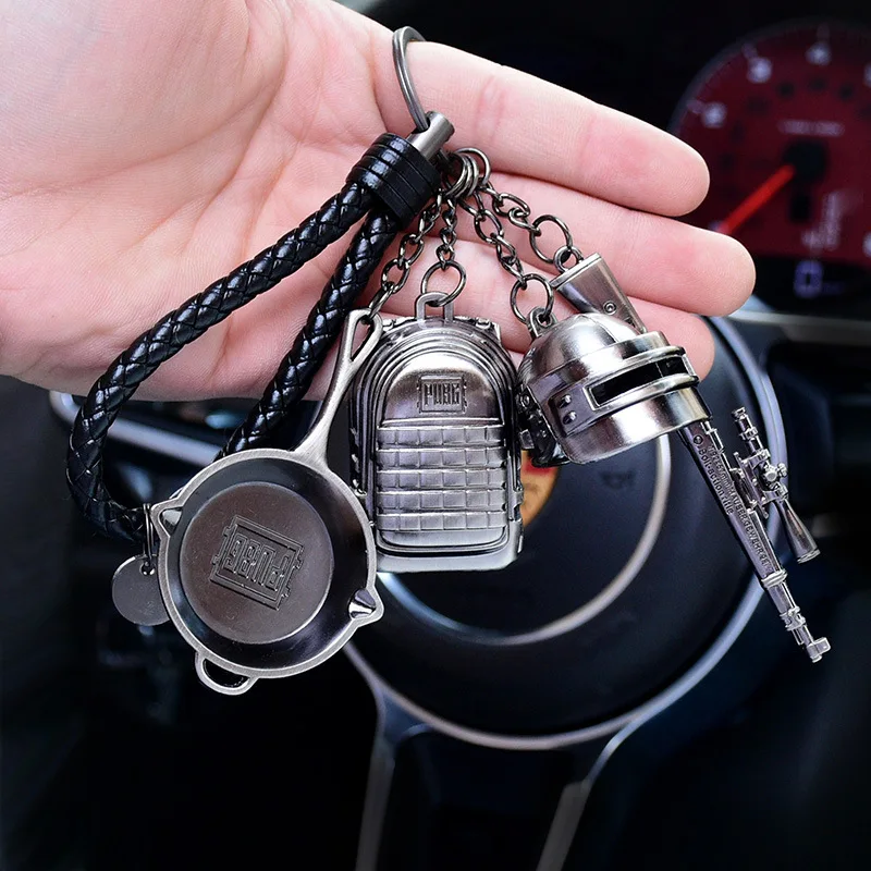 

High Quality PUBG Arms Mini Model Metal Keychains Helmet 98K Backpack Pan Key Ring Car Purse Men Key Chains Holder Trinkets Gift
