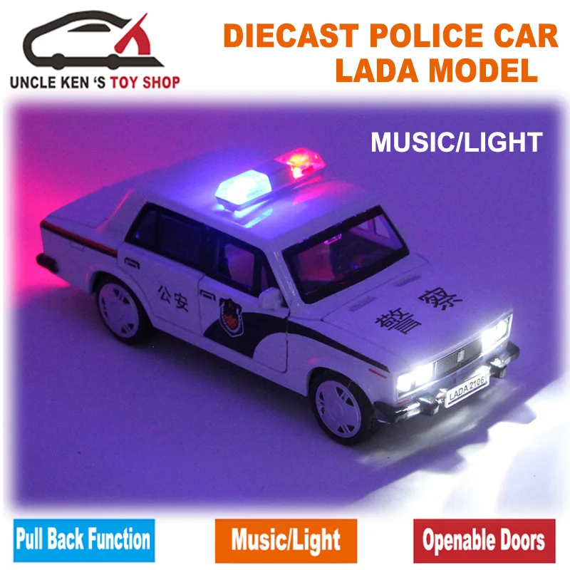 Online Coche de policía ruso LADA a escala, modelos de fundición, juguetes para niños con caja de regalo Puertas Abiertas función de retroceso música luz
