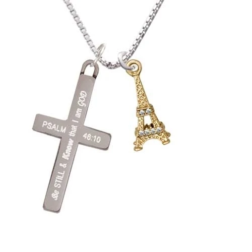 Gold Tone Crystal Eiffel Tower - Be Still and Know - Cross Necklace (1)