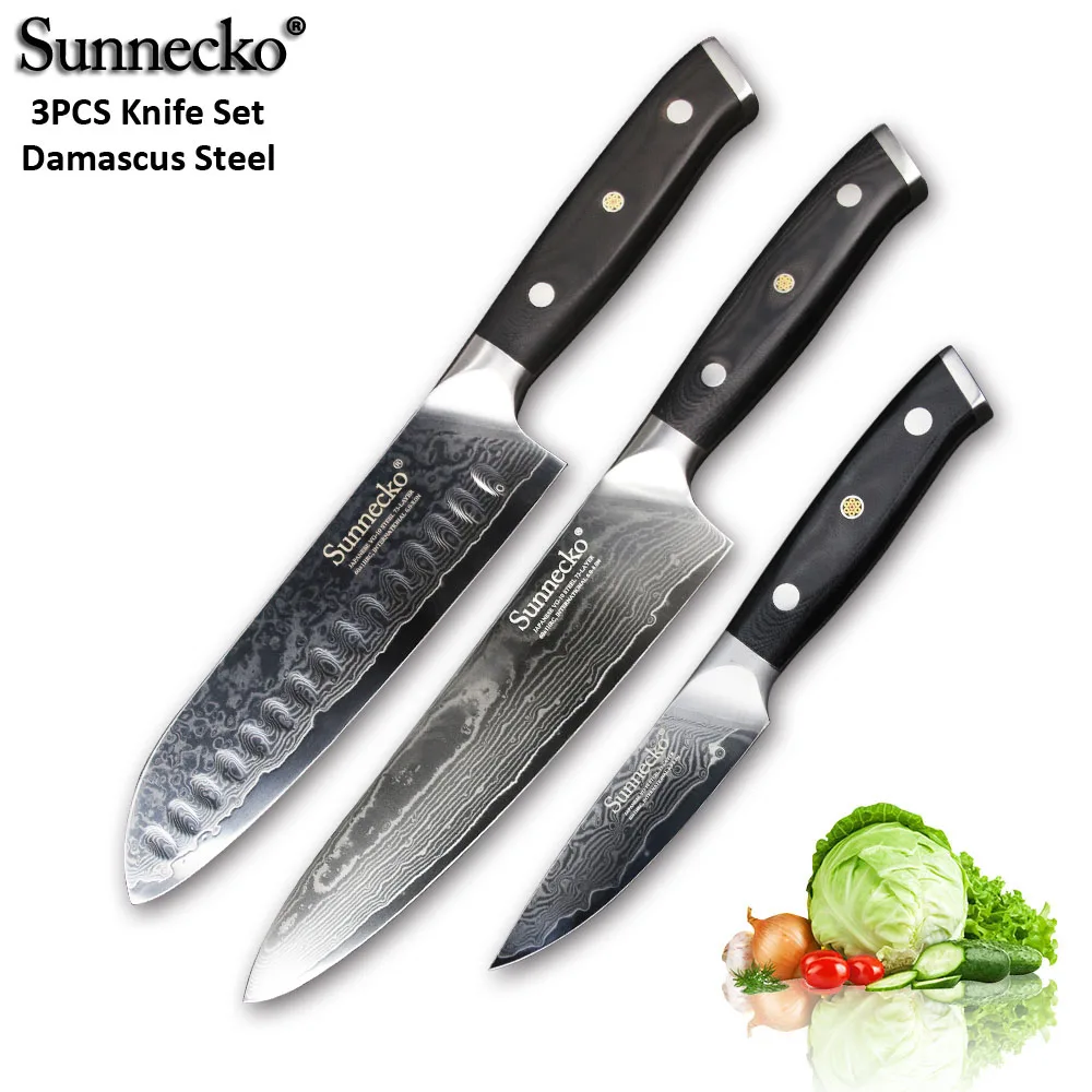 SUNNECKO 2 шт. нож из дамасской стали комплект Santoku универсальный нож для очистки овощей японский VG10 Core Шлифовальный G10 ручка шеф-повара нарезки лосося повара ножи - Цвет: 3pcs Knife Set C