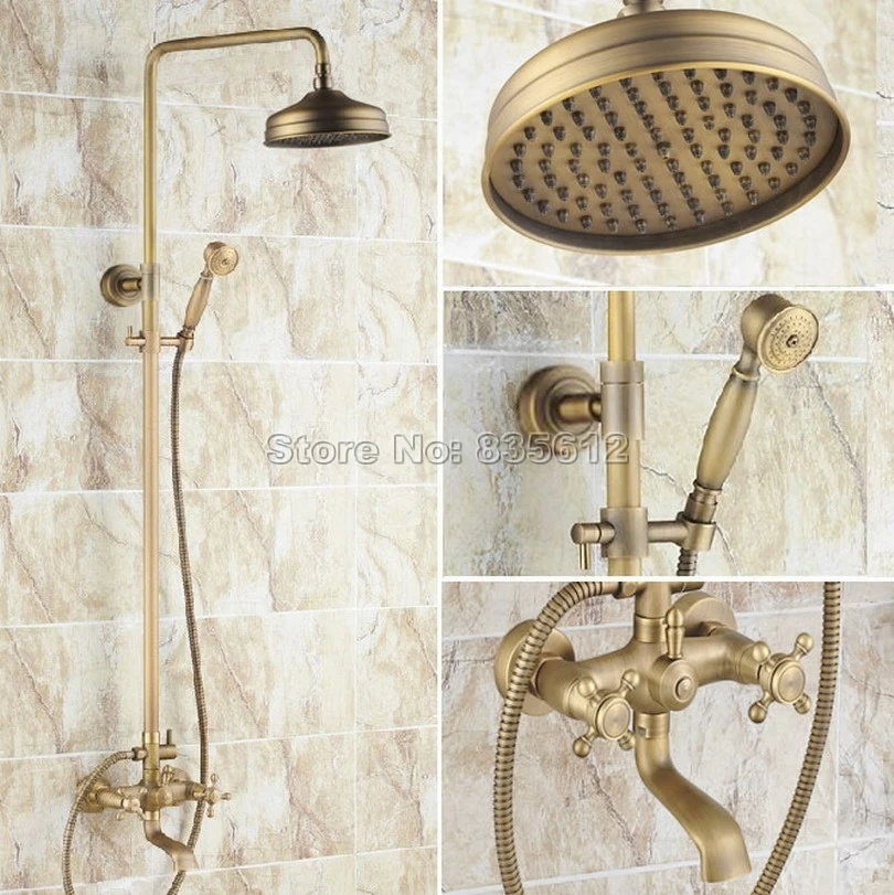 

Wall Mounted Antique Brass Bathroom Dual Handles Clawfoot Bathtub Mixer Tap Rain Shower Faucet Set + Handheld Shower Head Wrs046