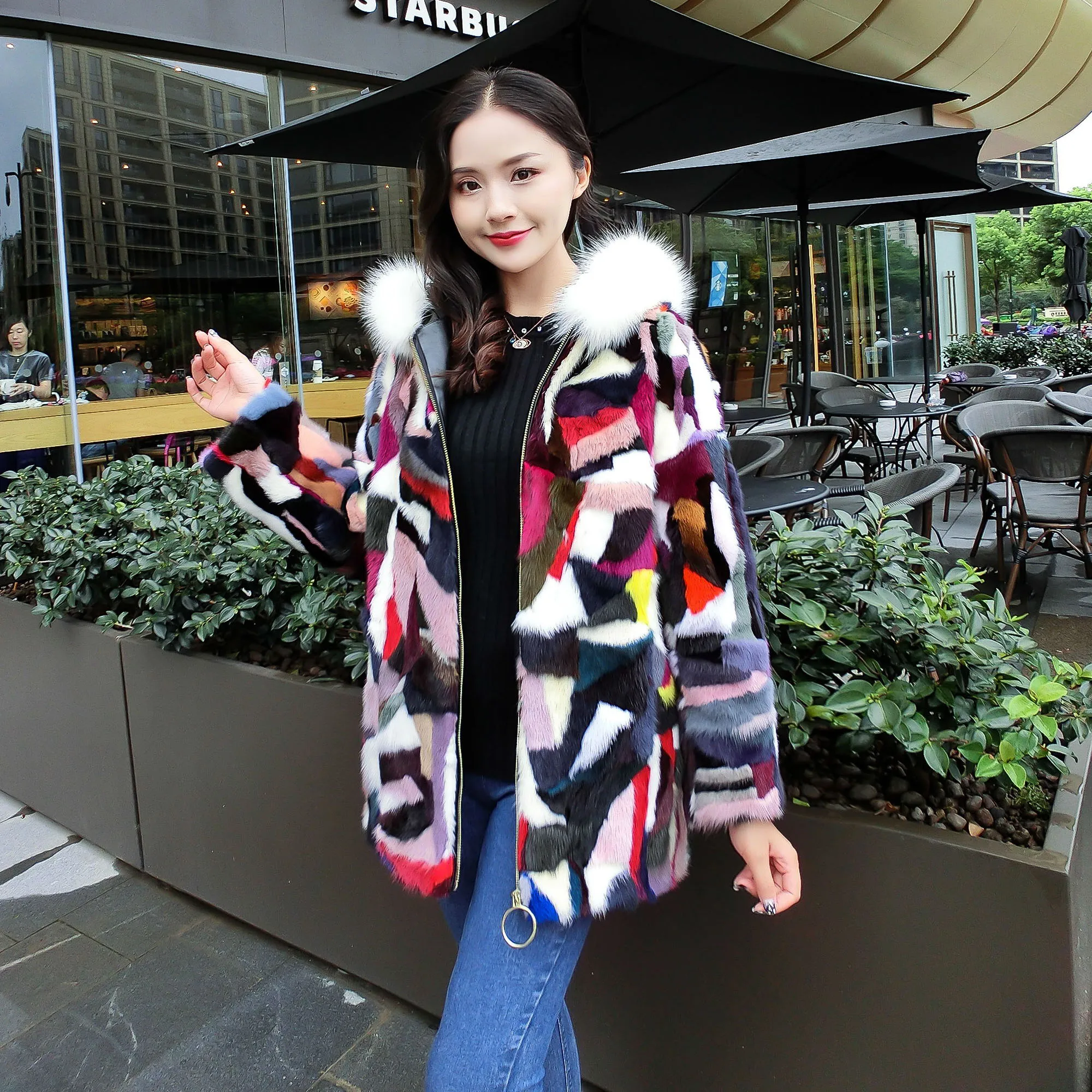 

Women Natural Real Pieces mink fur coat hooded with fox collar Mink Fur Jacket Outwear