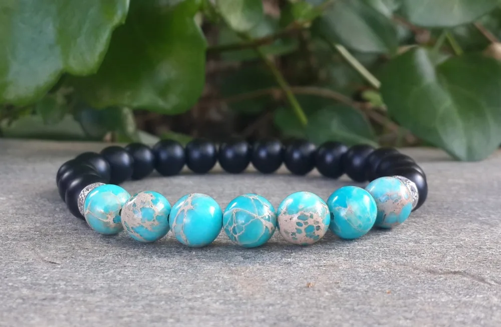 SN0347 Matte Black Onyx Beaded Men Bracelet Blue Stone Unique