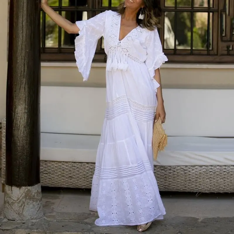 

Summer Plus Size Elegant Party Boho White Simple Women Long Dresses Casual Aline Tassel Hollow Plain Female Fashion Maxi Dress