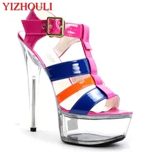 Новая стильная Летняя женская обувь на высоком каблуке 15-17 см, Т-образная повязка из лакированной кожи и водонепроницаемая танцевальная обувь с кристаллами