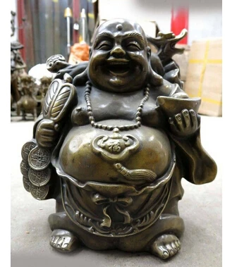 

12 " China brass cobre budismo suerte buda feliz estatua copper decoration bronze factory Pure Brass