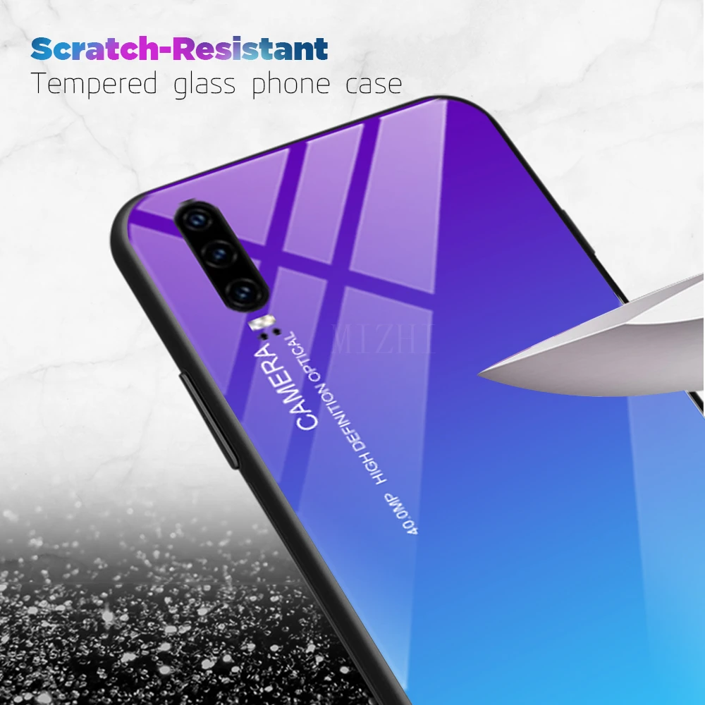 Gradient tempered glass phone case for huawei p30pro back cover for huawei p30 pro p 20 lite 30 light 30pro soft silicone cases