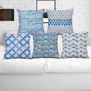 

Modern Decor Simple Geometric Cushion Pattern Abstract Flax Linen Fabric Green Leaves Tropical Plants Print Decoration Pillow