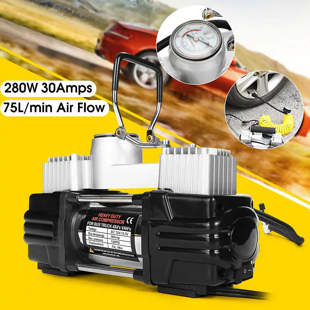 

280W 150PSI 30AMP Double Cyclinder Car Tire Tyre Inflator Air Pump Compressor DC 12V Higher Effective 3 Minutes Alarm Work Light