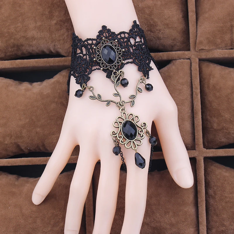 Vintage Black Lace Bracelets For Women Gothic Style Leaves Flower