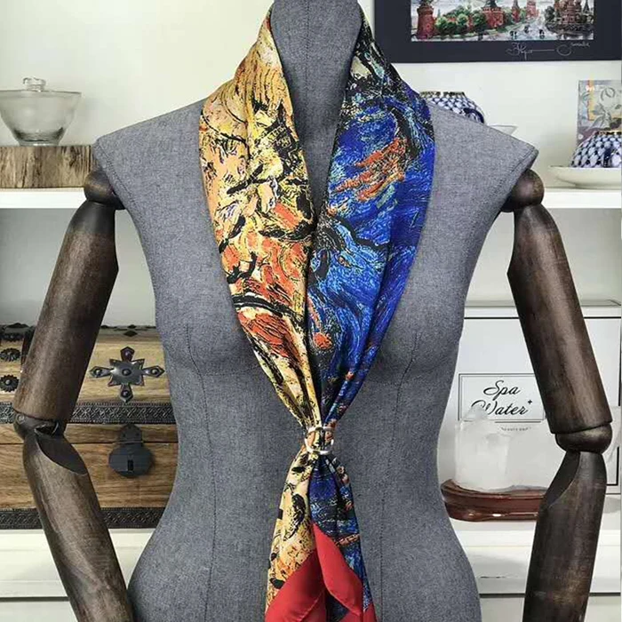 Роскошный дизайнерский натуральный шелковый шарф для женщин, брендовые Дизайнерские шарфы, весна-осень, Ван Гог, картина маслом, квадратные шарфы