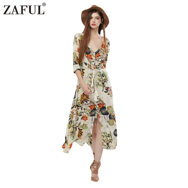 ZAFUL 2017 НОВАЯ Осень Весна Богемского Dress Женщины Ethinc Печати С Длинным Рукавом Сплит хем Длинные Maxi Платья женщин Vestidos