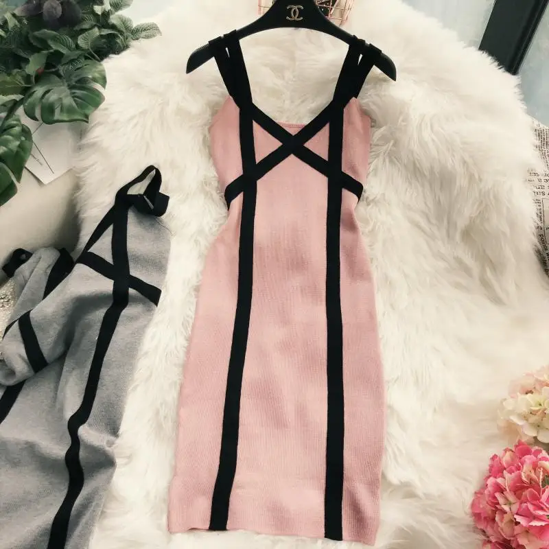 

Sanishroly 2018 V-Neck Sheath Knitted Dress Women Spaghetti Strap Dresses Ladies Sexy Bodycon Dress Party Club Vestidos SE187
