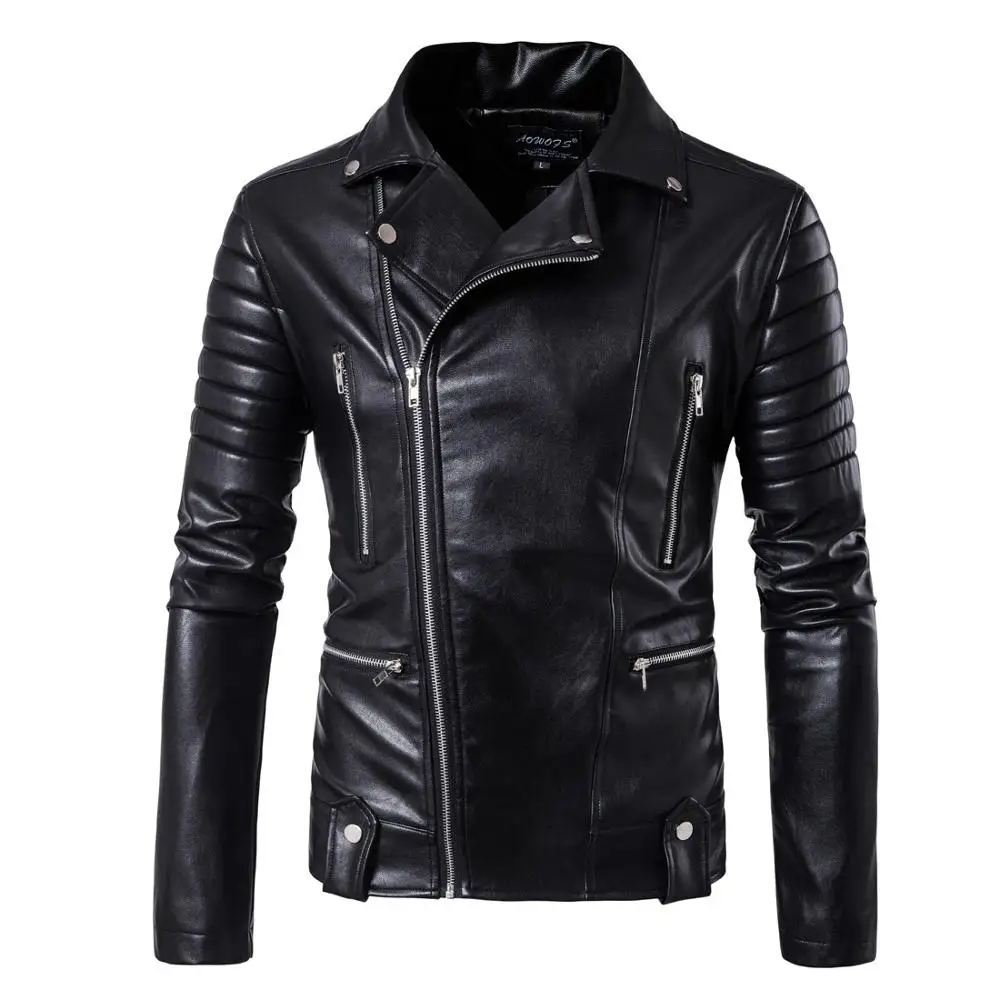 Черная кожаная мужская куртка, Осень-зима, мотоциклетная куртка-бомбер, мужские кожаные куртки и пальто, облегающие, модные, панк, jaqueta couro 5XL - Цвет: Black