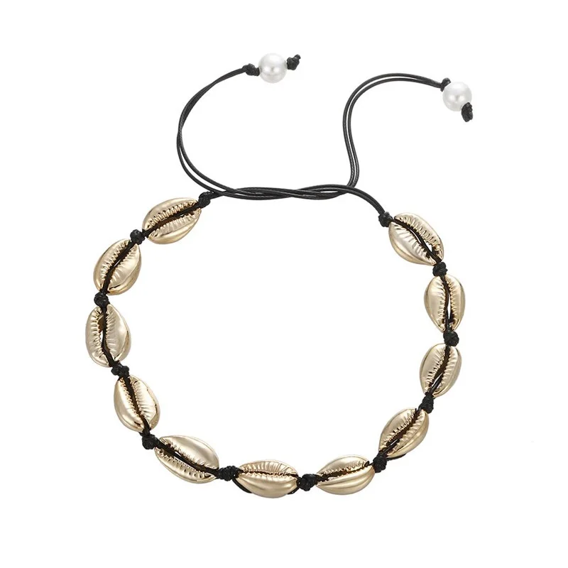 Богемное пляжное модное ожерелье, черная бежевая веревка, цепочка, натуральная морская раковина, колье, ожерелье, летнее ювелирное изделие, женские подарки - Окраска металла: black gold