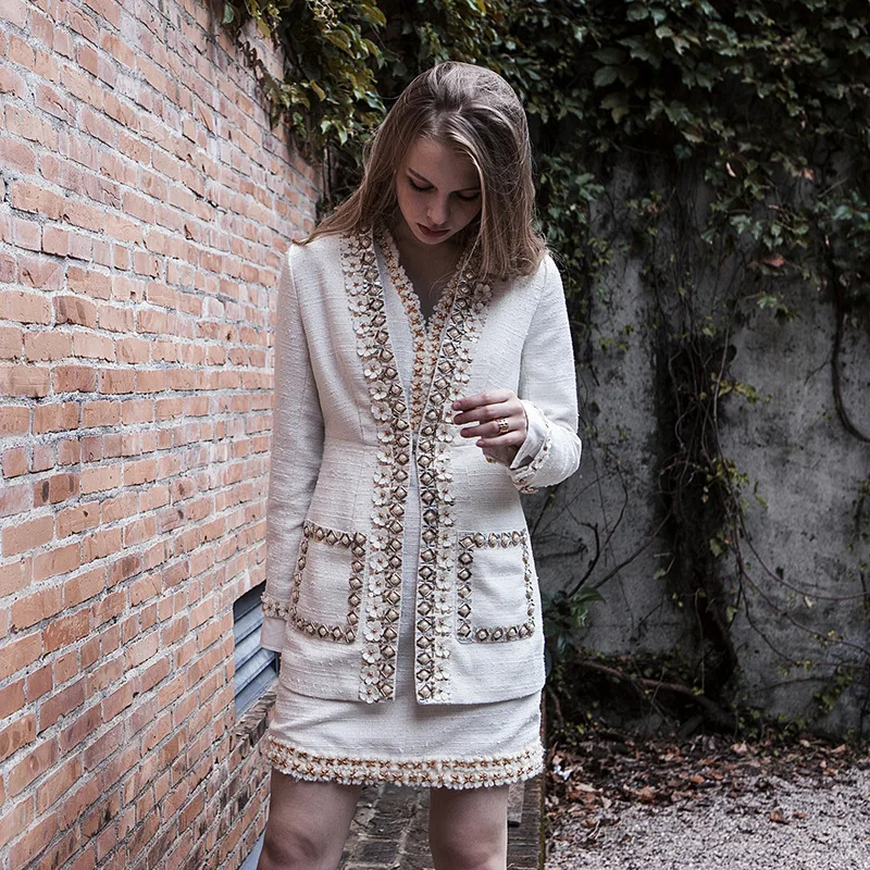 

2019 Runway Designer Luxury Brand Dress Suits for Women Handmade Beading woollen overcoat and Beading Dress Set