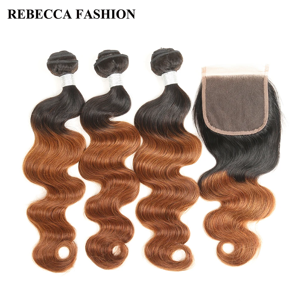 Rebecca Remy Brazilian Ombre Brown 3 Bundles With Closure Body Wave Human Hair bundles 4x4 Lace Closure Free Shipping brazilian-body-wave-hair-bundles