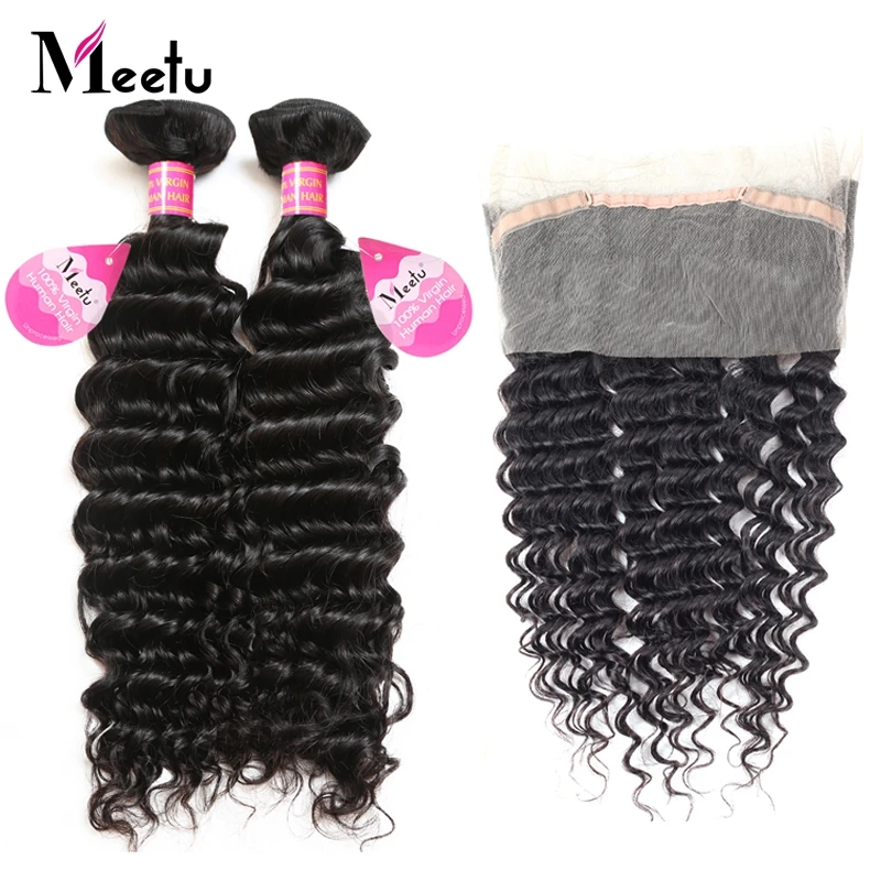 Meetu Indian Deep Wave Bundles with Frontal 2 Bundles with Frontal Non
Remy Human Hair Pre Plucked 360 Lace Frontal with Bundle