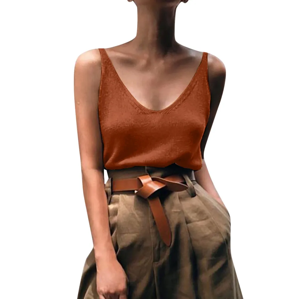 Летние женские одноцветные трикотажные модные подтяжки с v-образным вырезом без рукавов roupas femininas#15 - Цвет: Brown