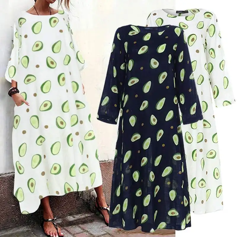 

2019 Autumn Long Dress Women Clothing Celmia Casual Avocado Print Bohemian Dress Loose Party Robe Maxi Vestidos Mujer Plus Size